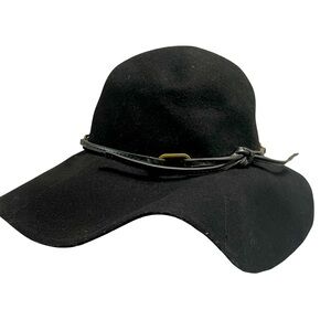 Wool Black Floppy Brim Hat with Decorative Leather Band Festival Boho Hippie OS